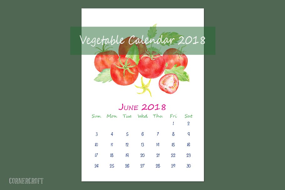 特色水彩瓜果蔬菜年历模板  Watercolor Vegetable Calendar插图(3)