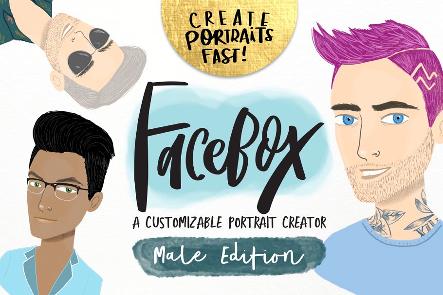 手绘男士人脸肖像插画 Male Portrait Creator- “FaceBox”插图