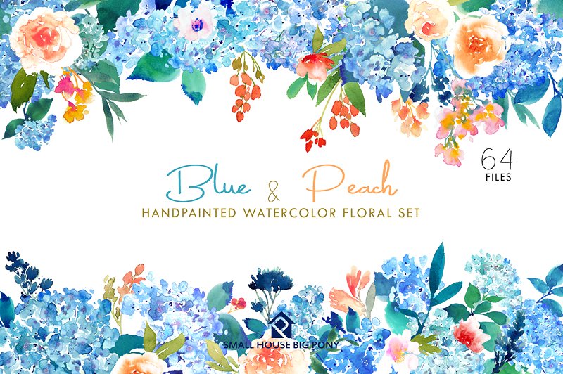 蓝色和桃色-水彩花卉元素套装 Blue & Peach- Watercolor Floral Set插图4