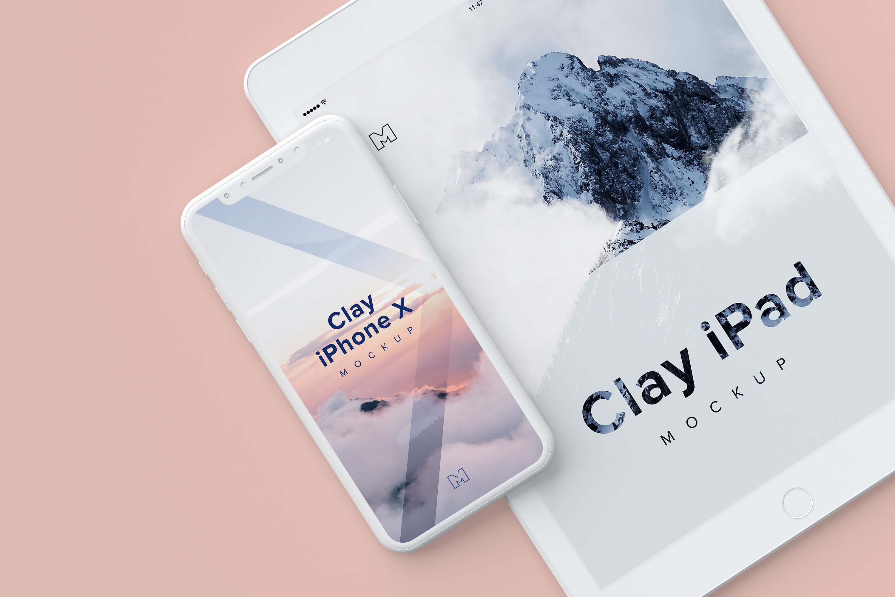 iPhone X＆iPad叠放平铺视觉屏幕设计演示样机模板01 Clay iPhone X and iPad Mockup 01插图(3)