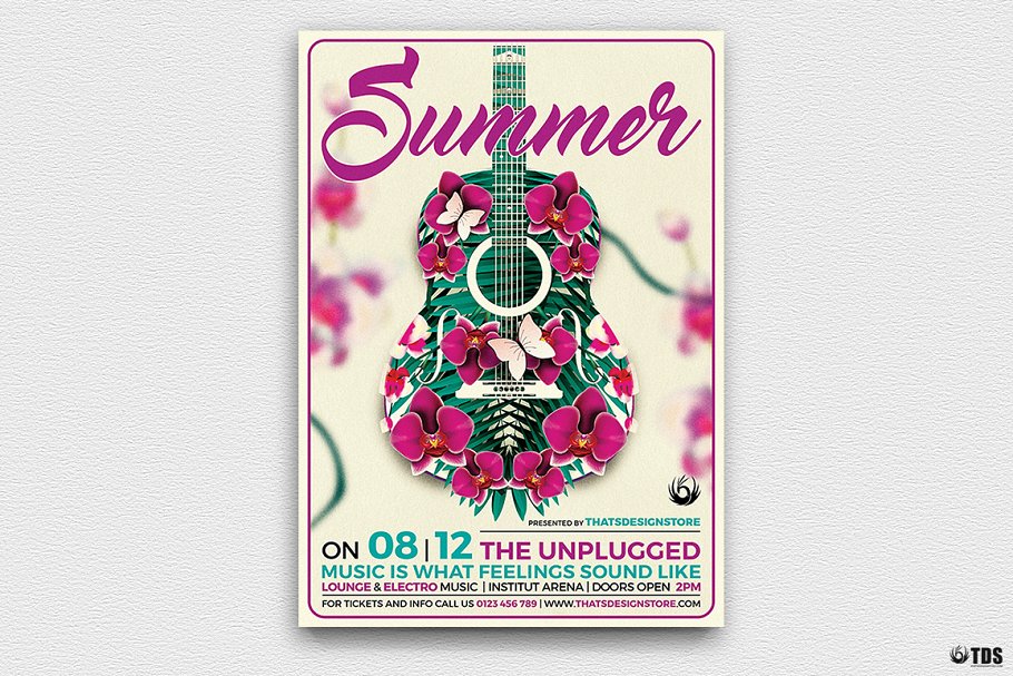 夏季吉他音乐会海报传单PSD模板 V1 Summer Unplugged Flyer PSD V1插图1