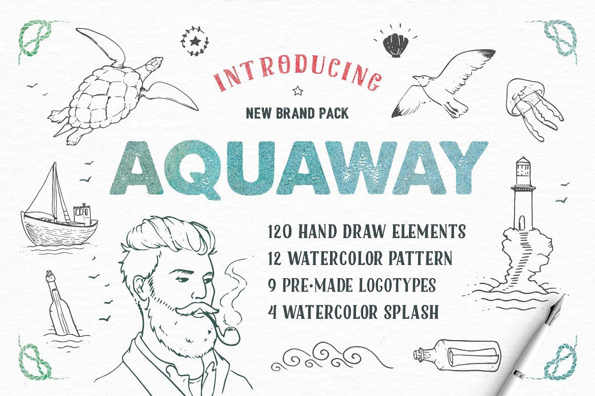 海洋主题水彩矢量插图设计套装 AquaWay — watercolored vector pack插图