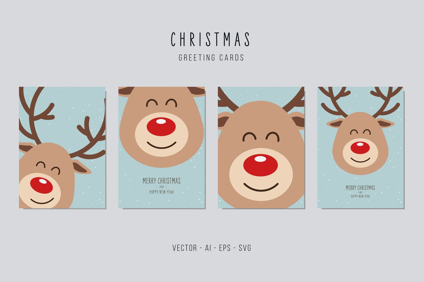 可爱卡通驯鹿图案圣诞节矢量贺卡设计模板v1 Reindeer Cute Vector Card Set插图