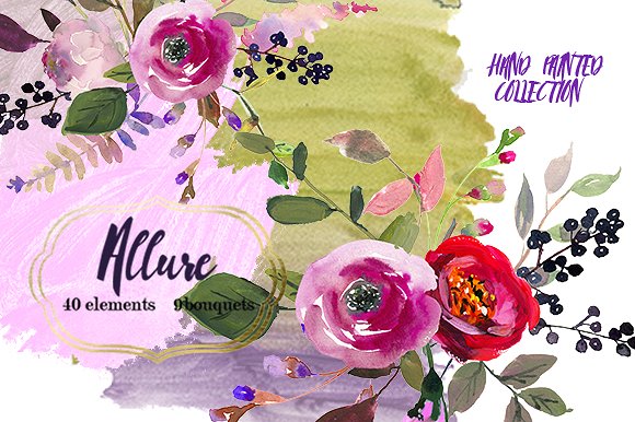 粉色紫色水彩花卉剪贴画合集 Pink Purple Watercolor Flowers Set插图(6)