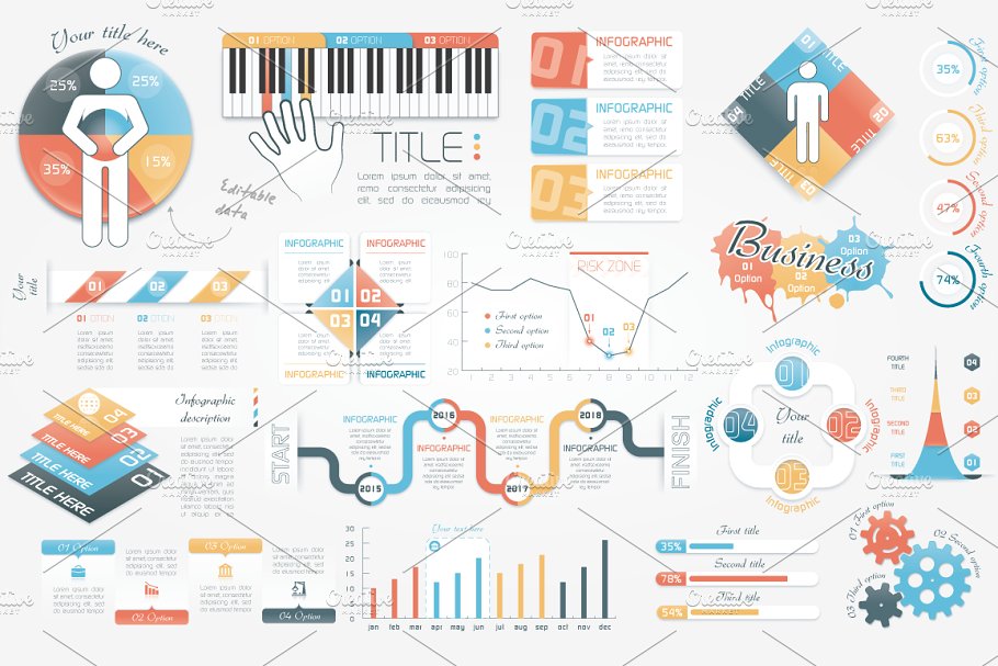 三合一信息图表元素幻灯片设计素材 Infographic Elements Bundle插图2