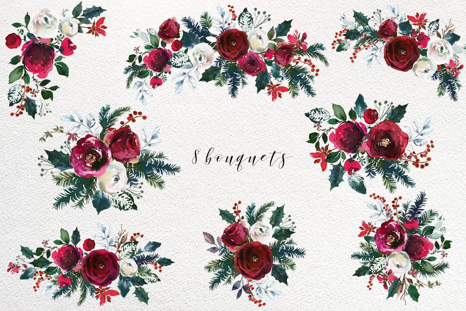 圣诞节氛围水彩花卉剪贴画合集 Christmas Watercolor Flowers Clipart插图1
