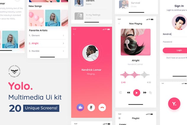 在线音乐APP应用UI模板 Yolo Multimedia Mobile App UI Kit插图(1)