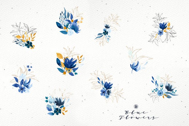 浪漫蓝色花卉水彩矢量插画套装 Blue Flowers插图6
