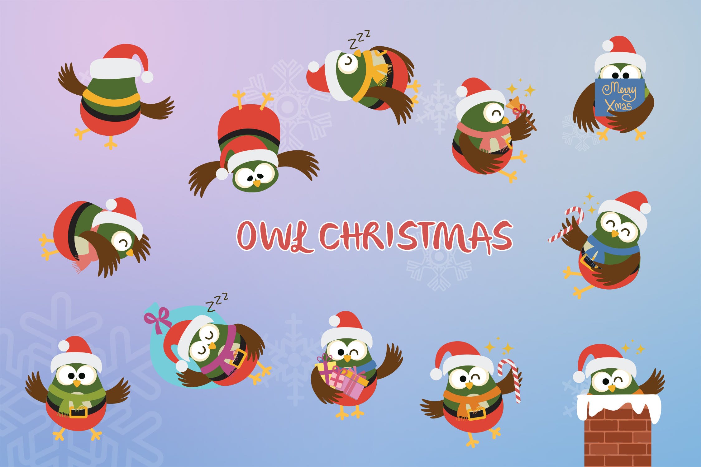 圣诞节主题猫头鹰卡通形象矢量插画 Christmas Owl插图