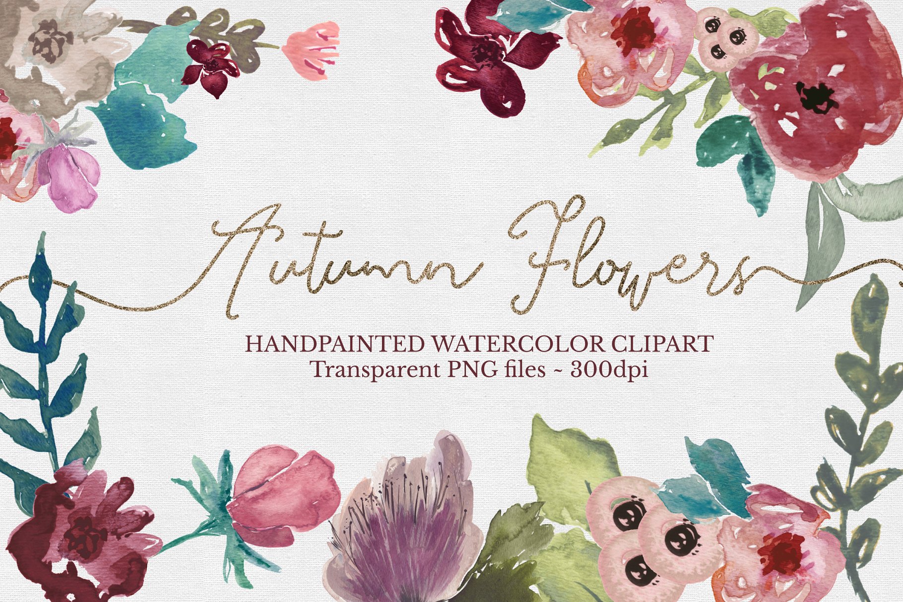 手绘水彩花卉＆树叶图案 Floral Watercolor Clipart Set插图