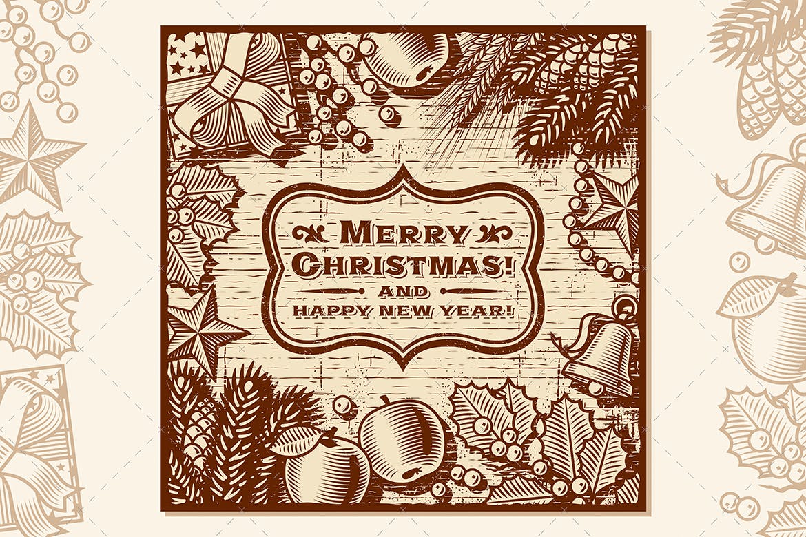 复古棕色风格圣诞节贺卡设计模板 Christmas Retro Card Brown插图