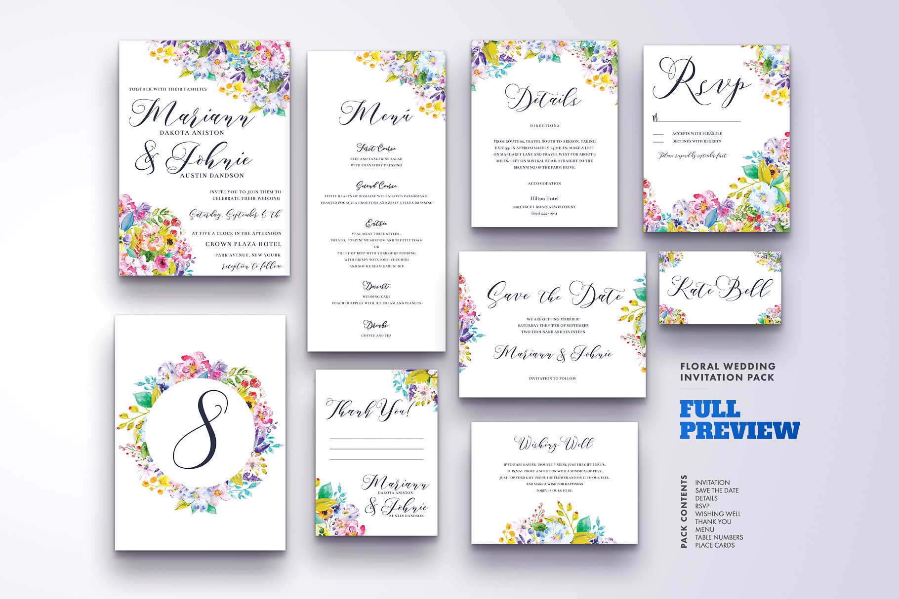 彩色水彩碎花婚礼邀请函设计套装v5 Floral Wedding Invitation Set Vol.5插图(1)