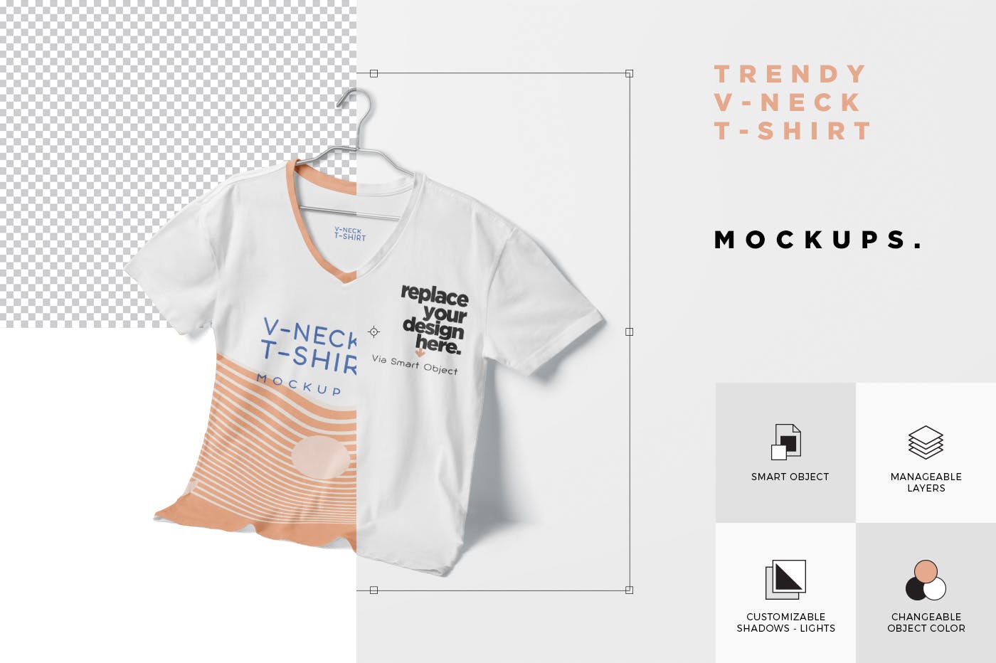 多视角V领T恤印花设计展示样机模板 5 Trendy V-Neck T-Shirt Mockups插图(5)