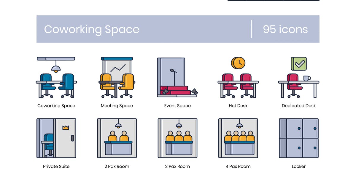 95枚办公室空间图标素材 95 Coworking Space Icons | Metallic Series插图