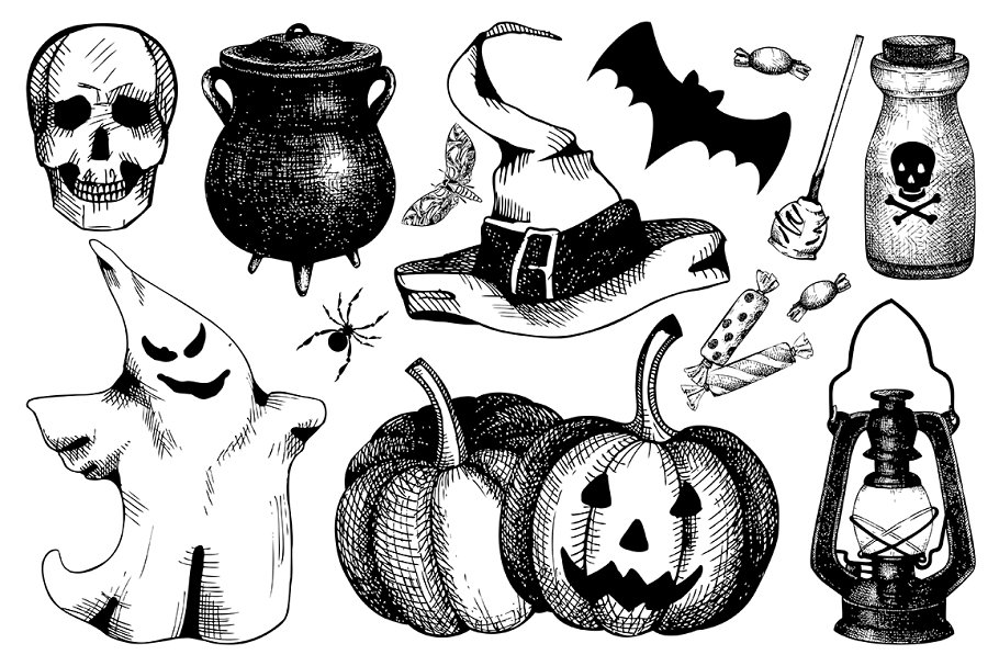 复古墨水手绘万圣节矢量插图 Vector Halloween Design Elements插图(1)