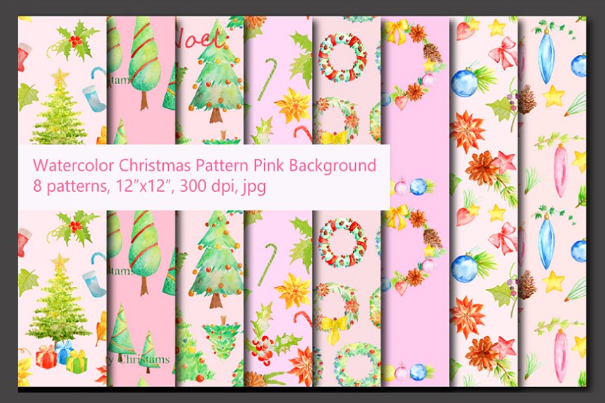 圣诞节主题水彩图案花纹素材 Watercolor Christmas Pattern Pink插图(1)