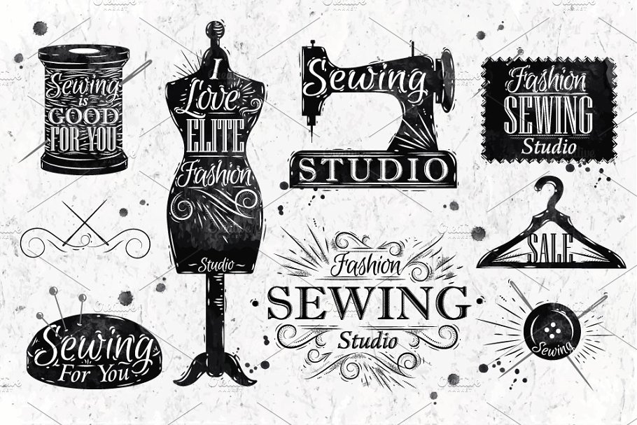 复古缝纫机手绘符号插画 Retro sewing symbol插图(2)