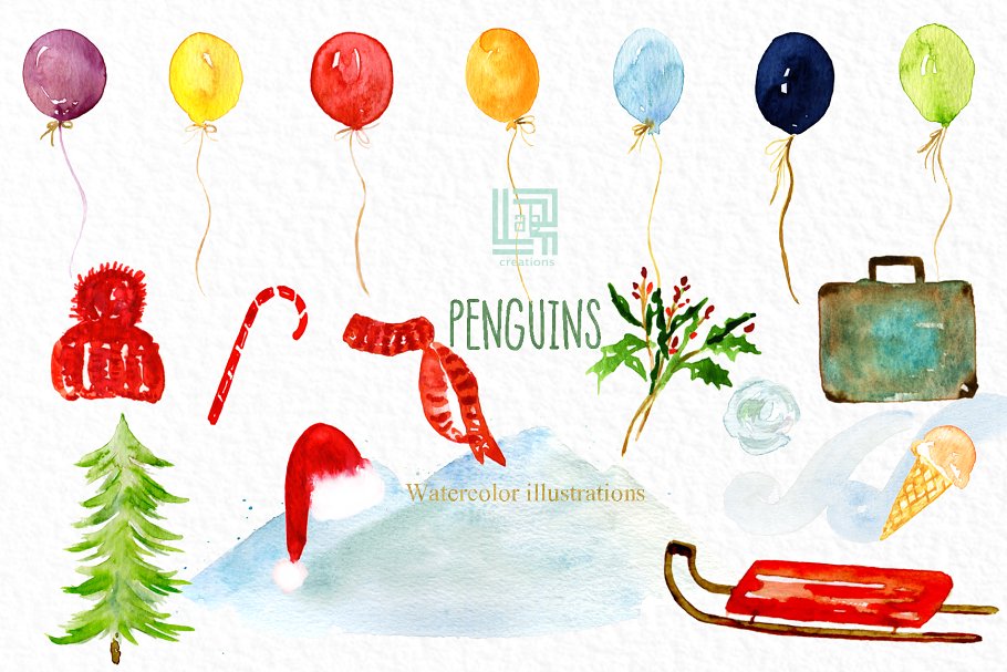 可爱的水彩手绘企鹅插图 Penguins. Watercolor illustrations插图(5)