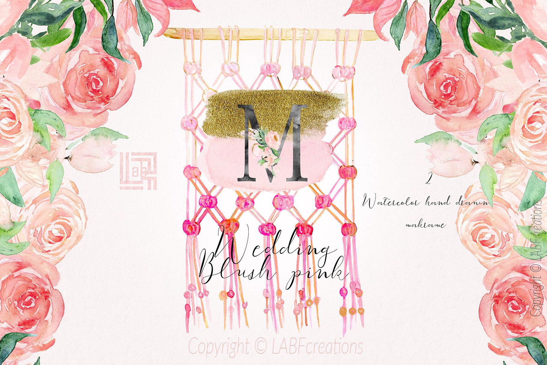 胭脂红水彩花卉元素，花环，花式字母… Blush pink bougainvillea插图10