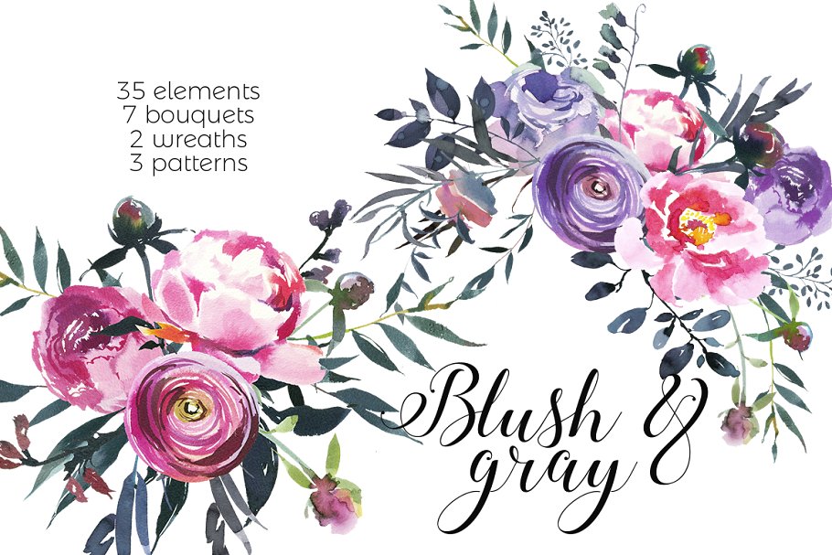 腮红和灰色水彩花卉插画 Blush & Gray Watercolor Flowers插图