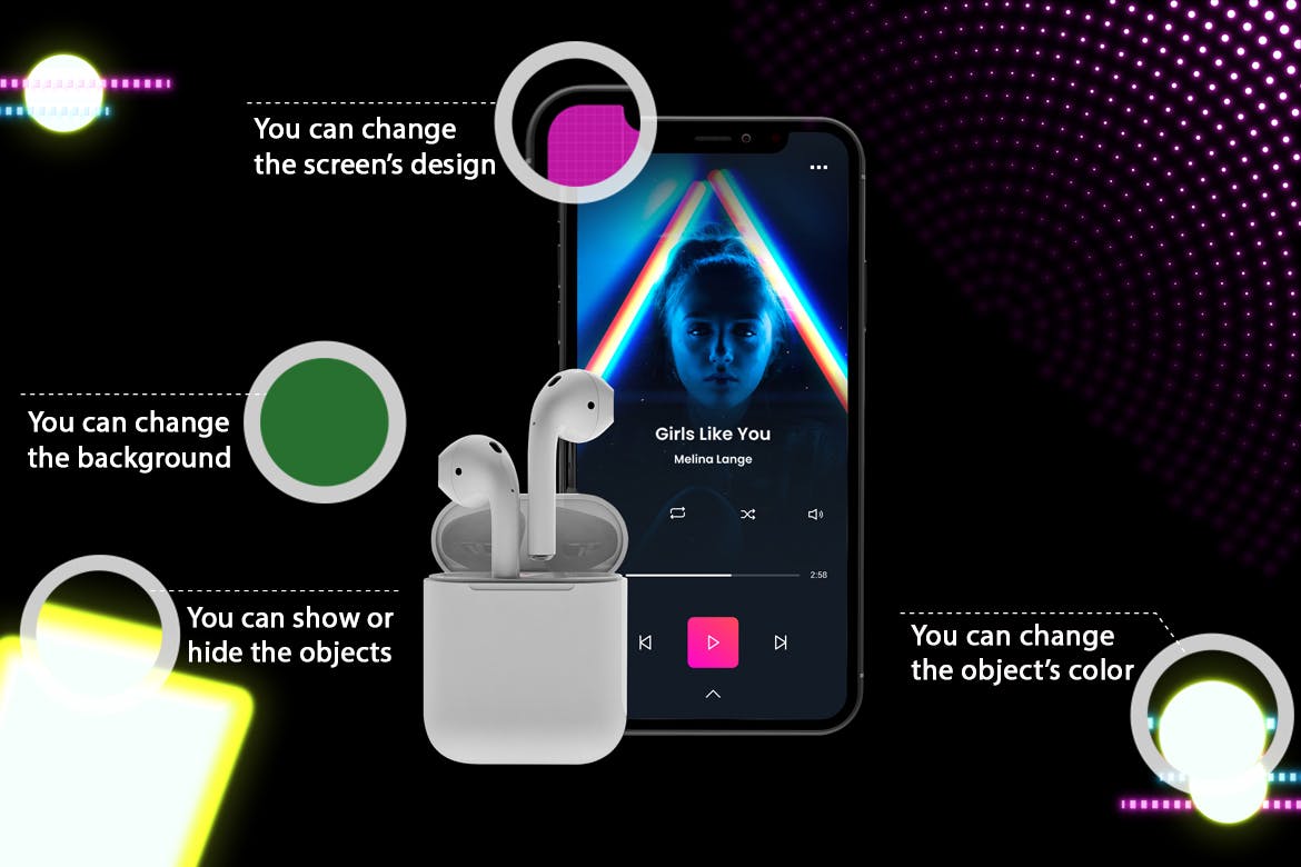 在线音乐APP设计效果图样机模板 Neon Music App MockUp插图1