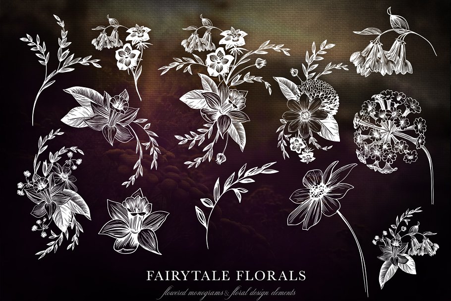 手绘花饰字母插画合集 Fairytale Florals Monogram Set插图5