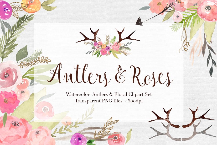 鹿角&玫瑰水彩剪贴画 Antlers & Roses Watercolor Clipart插图