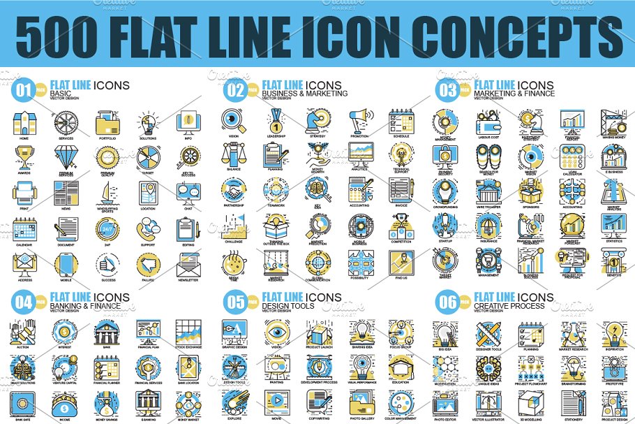 500枚扁平化线条图标 Pack Flat Line Icons插图