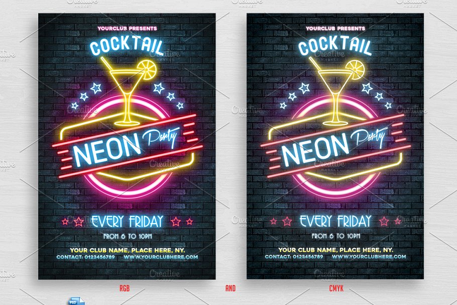 霓虹灯风格鸡尾酒派对活动海报模板 Neon Cocktail Party Flyer插图