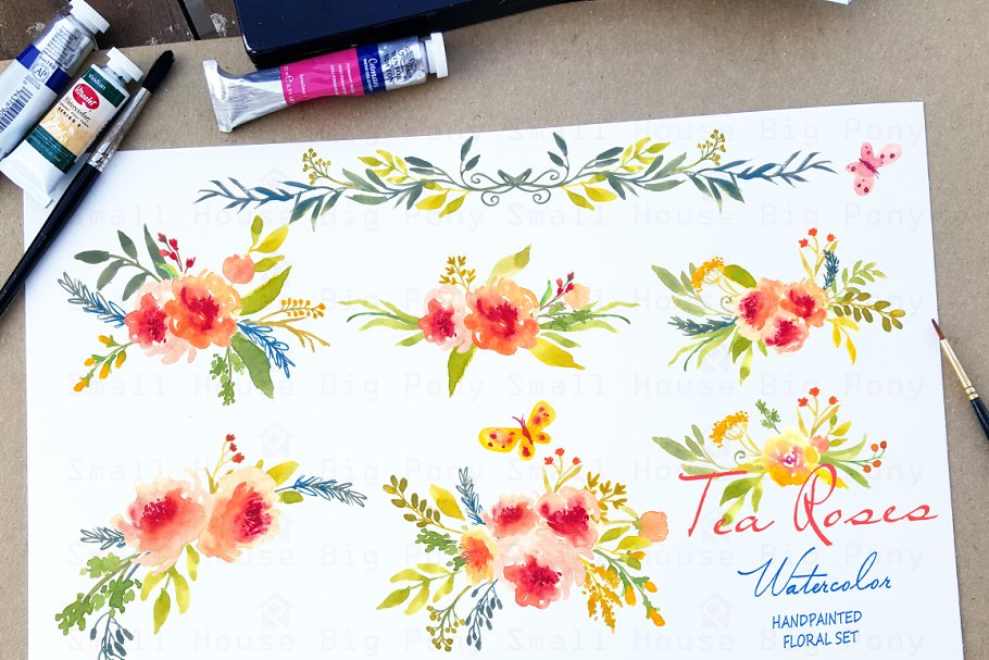 水彩手绘玫瑰花剪贴画合集 Tea Roses-Watercolor Clip Art插图(3)