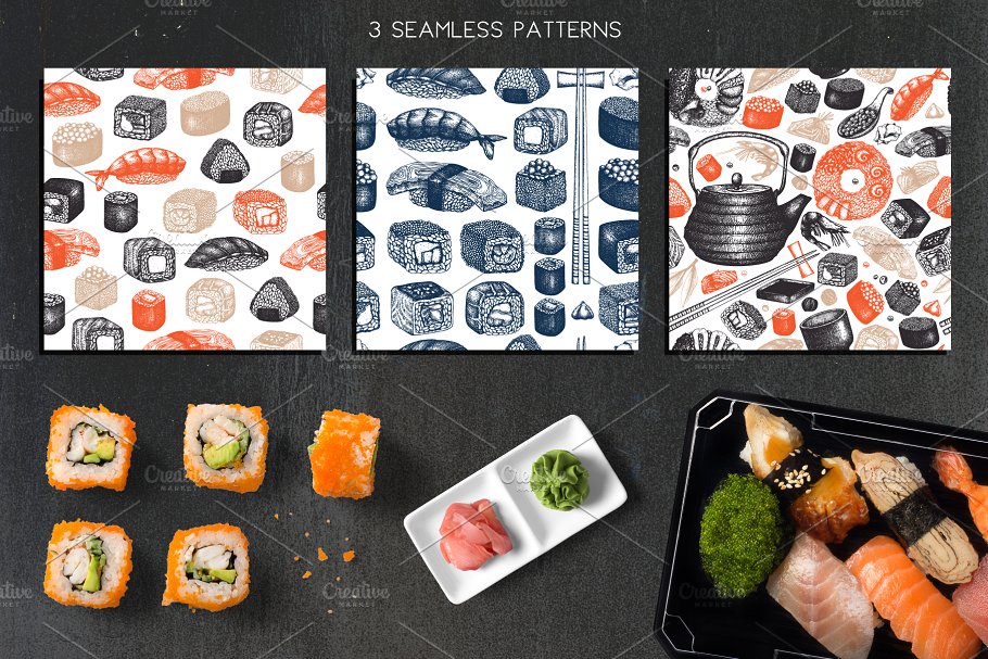 寿司&海鲜矢量插画素材 Vector Sushi & Seafood Set插图5