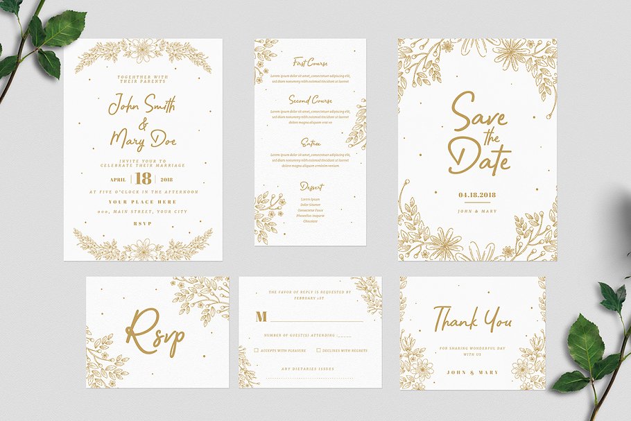 优雅奢华的金色调花卉婚礼邀请函模板套装 Gold Floral Wedding Invitation插图