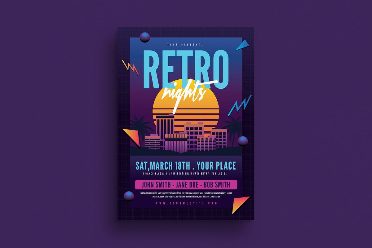 欧美80年代复古夜店风格海报设计模板 Retro Night 80s Flyer插图