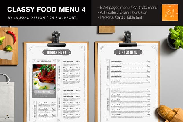 经典餐厅食品菜单设计模板 Classy Food Menu 4 Illustrator Template插图(1)