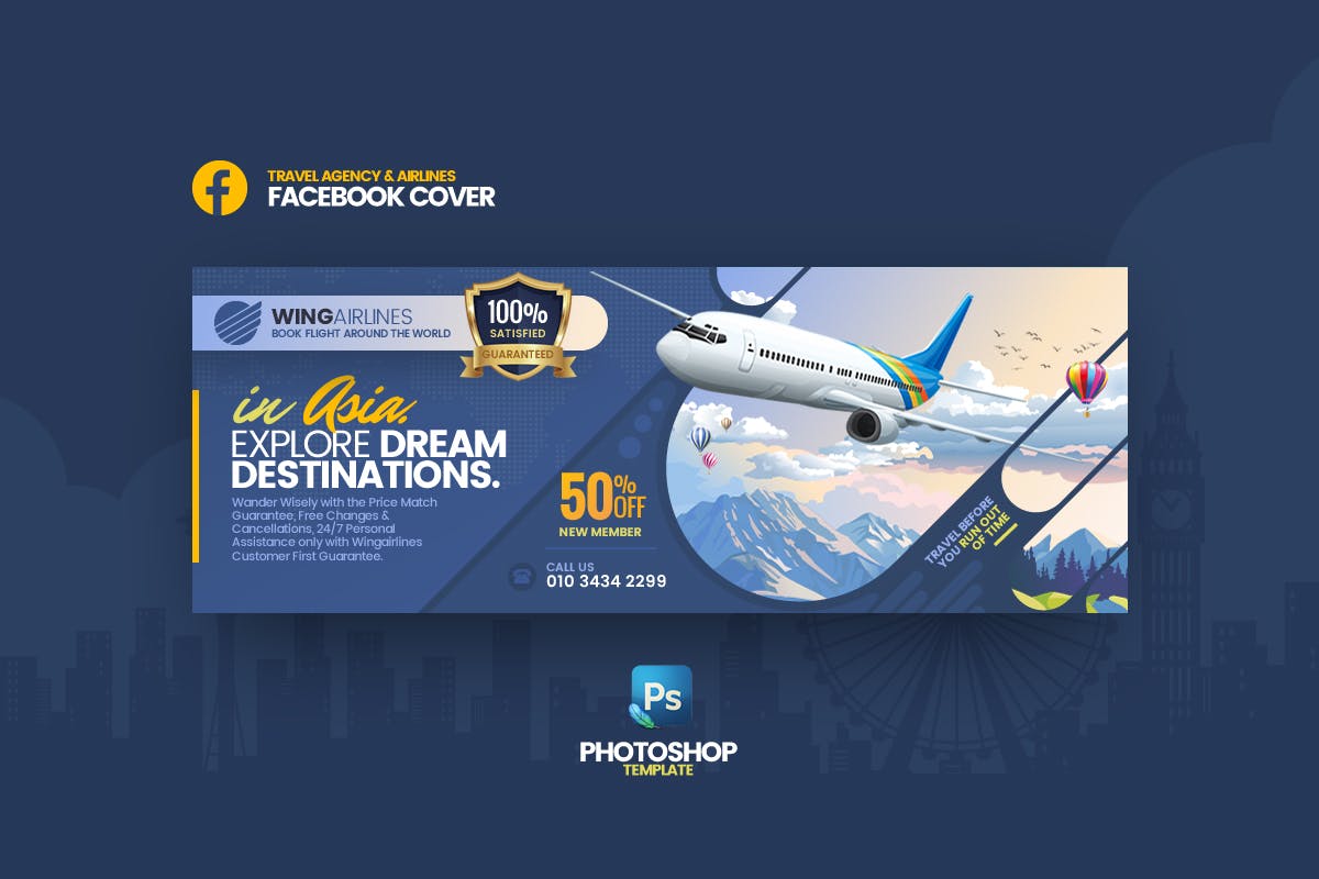 旅行社＆航空公司Facebook封面＆Banner设计模板 Wingairlines – Travel Agency FB Cover Template插图