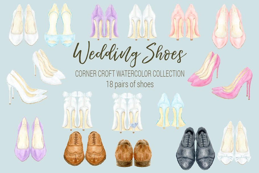 手工绘制水彩鞋婚礼元素合集 Watercolor wedding shoes clipart插图1