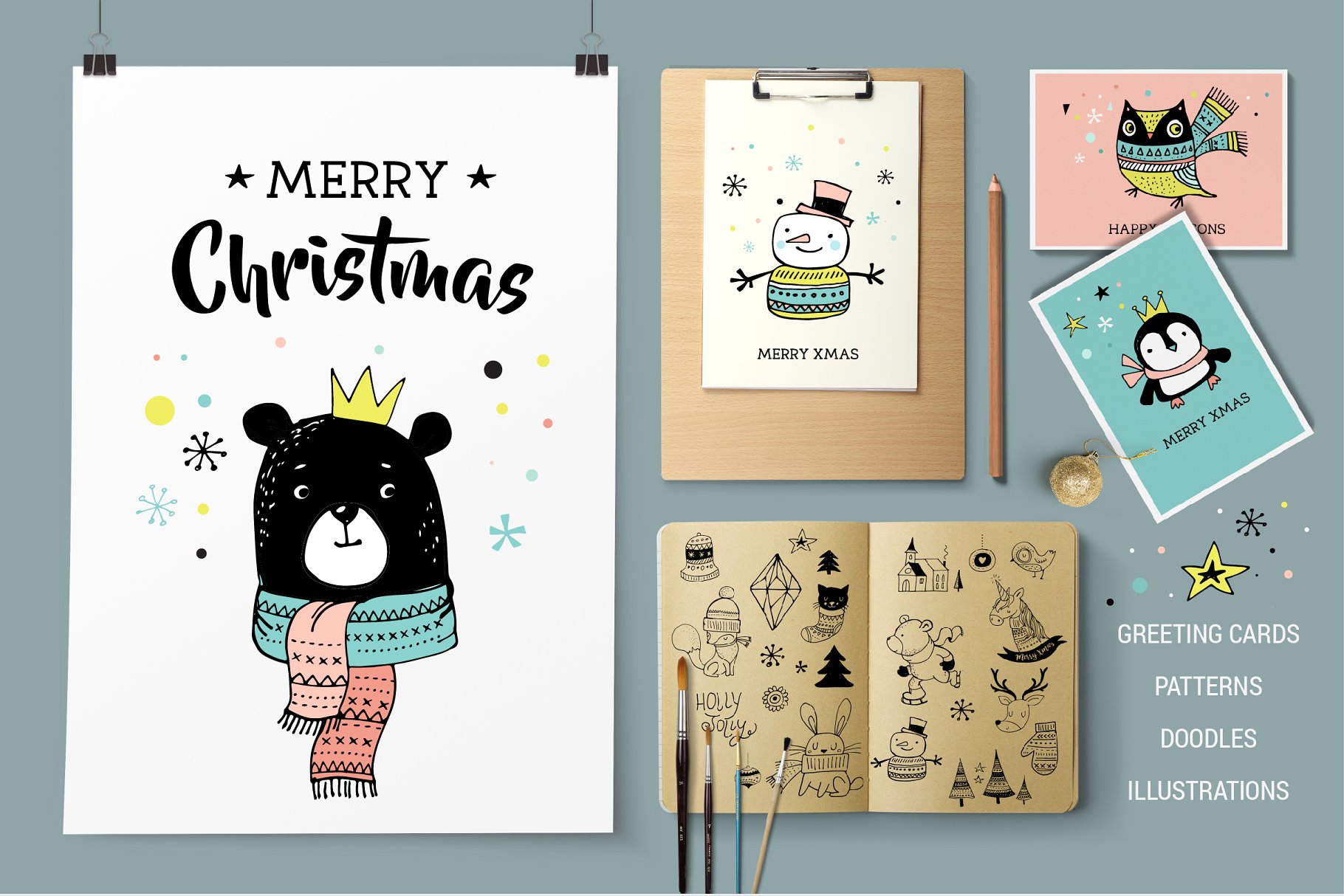 斯堪纳维亚风格快乐圣诞涂鸦元素手绘插画 Merry Christmas greetings & doodles插图