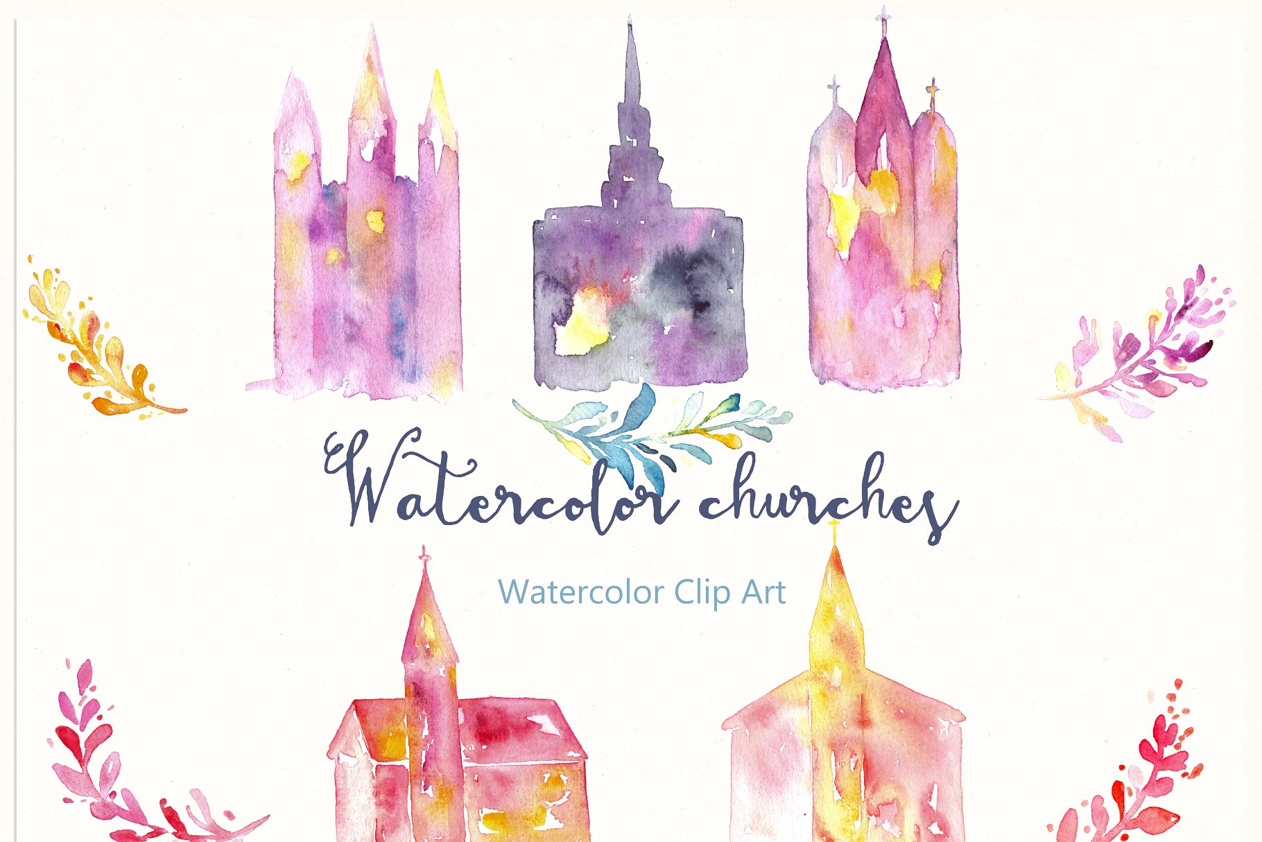 教堂和寺庙水彩画艺术剪切画 Churches Original watercolor Clipart插图