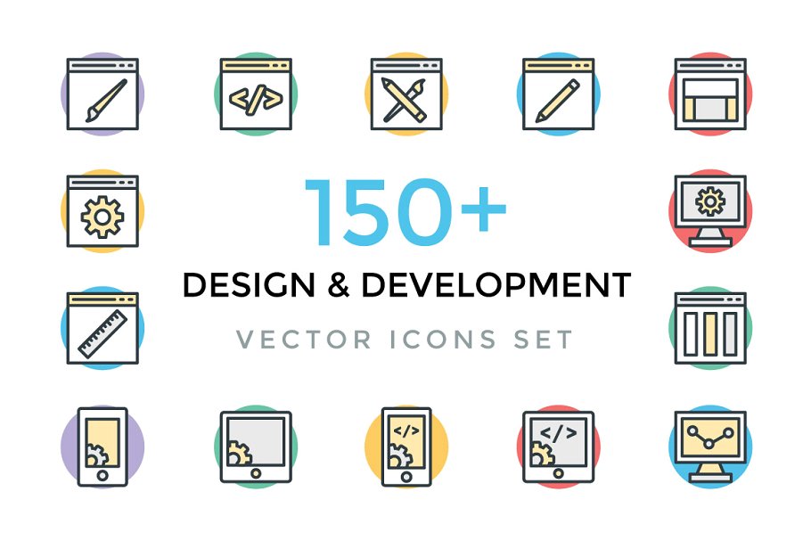 150+互联网开发＆设计专题彩色图标 150+ Design and Development Icons插图
