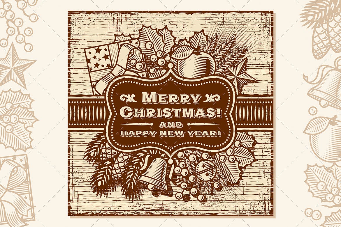 复古棕色圣诞快乐贺卡矢量设计模板 Merry Christmas Retro Card Brown插图