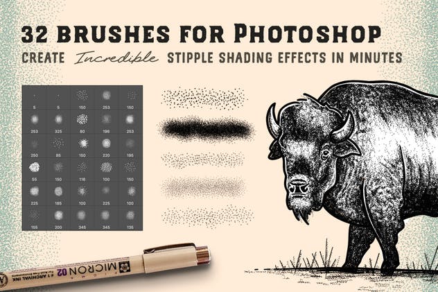 点画法艺术创作效果PS&AI绘画笔刷套装 Stipple Brush Set for Photoshop and Illustrator插图1