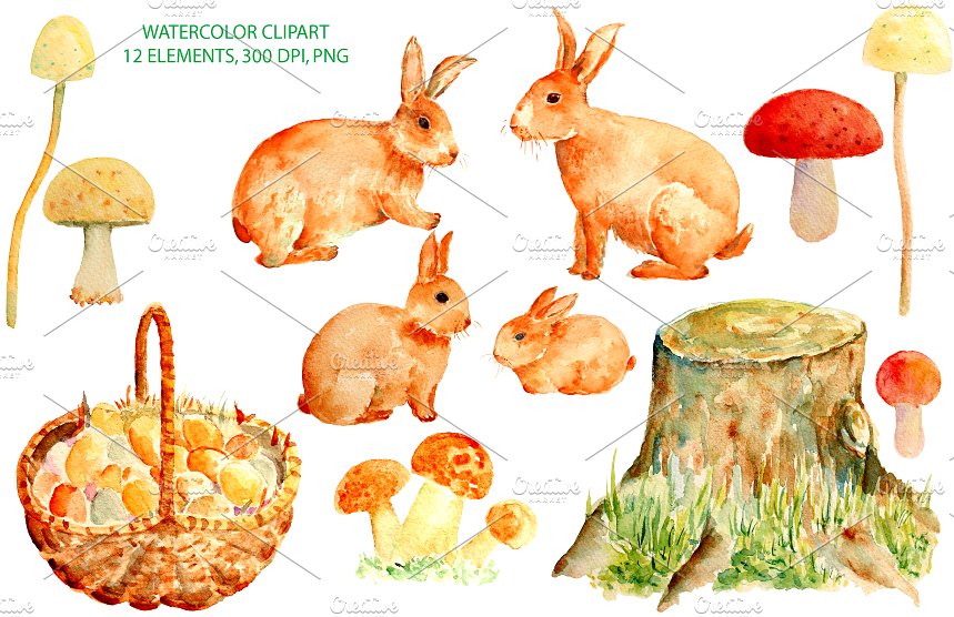 手绘复活节兔子家庭水彩剪贴画 Watercolor Rabbit Famly & Mushrooms插图(1)