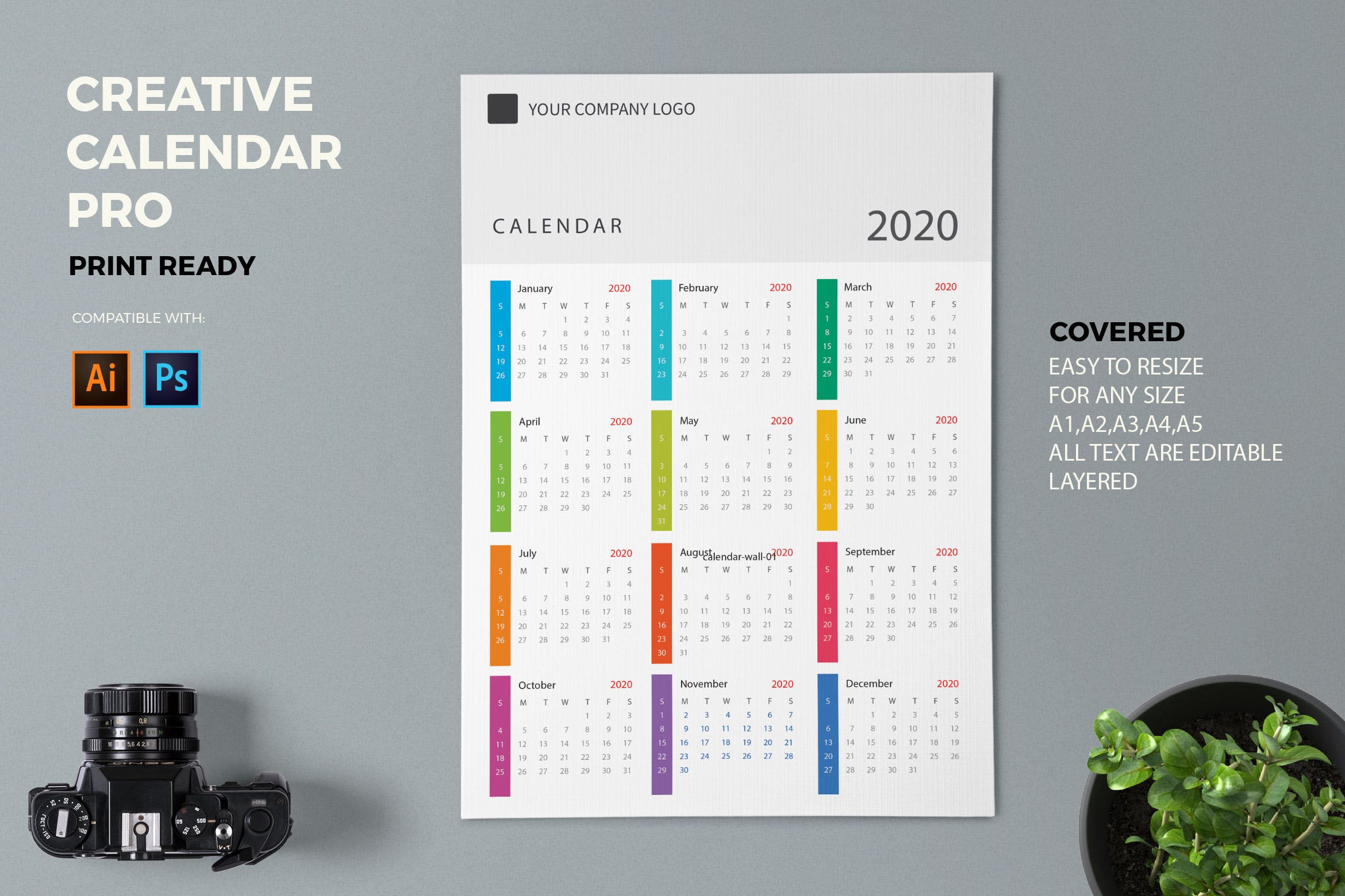 简约彩色2020日历年历设计模板 Creative Calendar Pro 2020插图