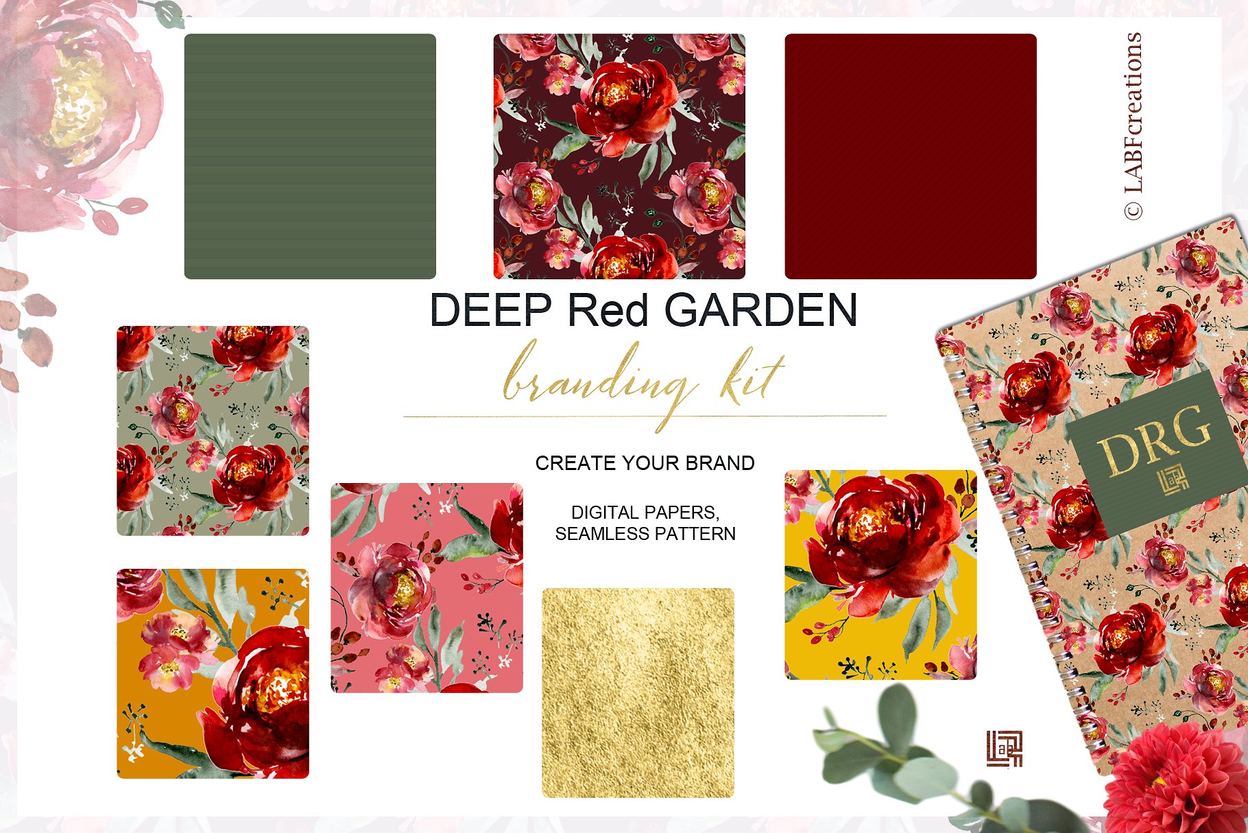 深红色水彩花卉元素 Deep red garden. Branding kit.插图(3)