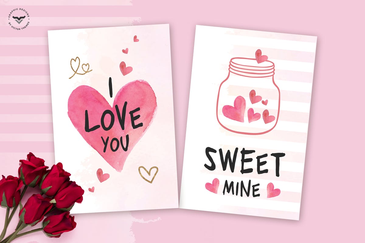 粉色爱心图形情人节贺卡PSD模板 Valentines Day Greeting Card Template插图