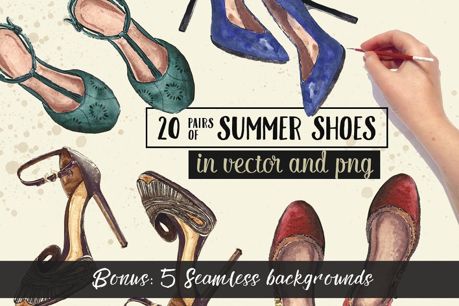 20双手绘高跟鞋水彩插画 20 Pairs of Summer Shoes插图