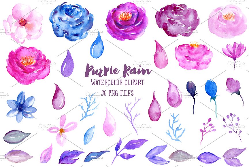 紫色水彩雨滴花瓣花卉装饰剪贴画 Watercolor Purple Rain插图(1)
