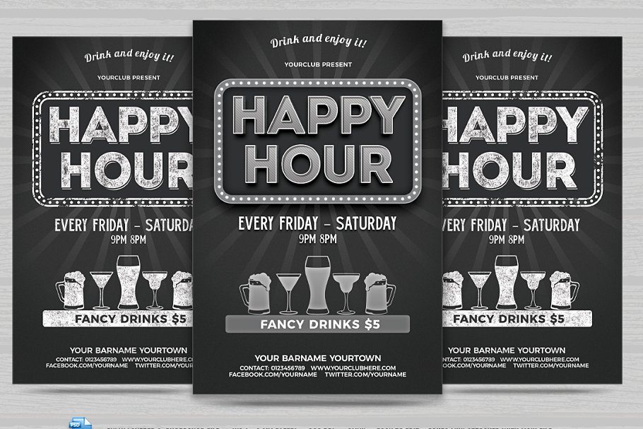 酒吧清吧冷饮店活动海报PSD模板 Happy Hour Flyer插图