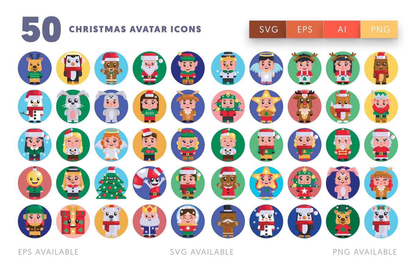 50枚圣诞节人物形象头像图标素材 50 Christmas Avatar Icons插图(1)