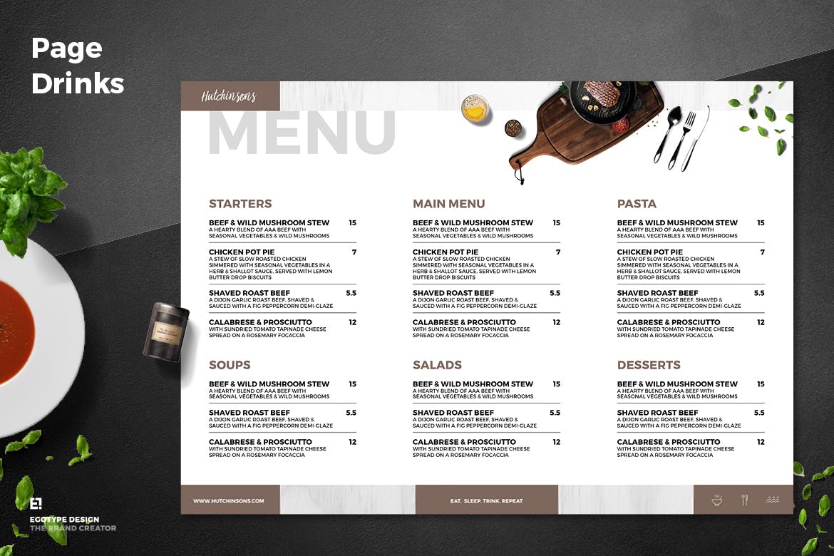 三折页西餐厅菜单设计模板素材 Trifold Restaurant Menu插图2